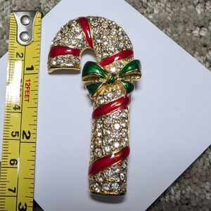 Gold and Red Candy Cane Brooch with Green Bow